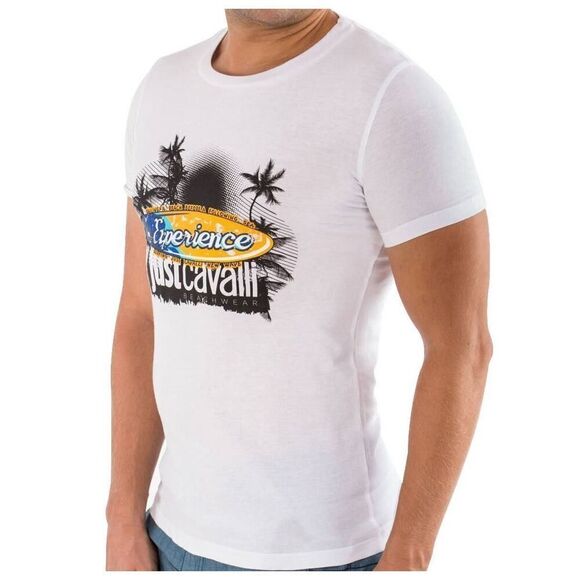 New Just Cavalli Men  XS / 46 White T-Shirt Cotton Crewneck Top Summer Print - Picture 2 of 4